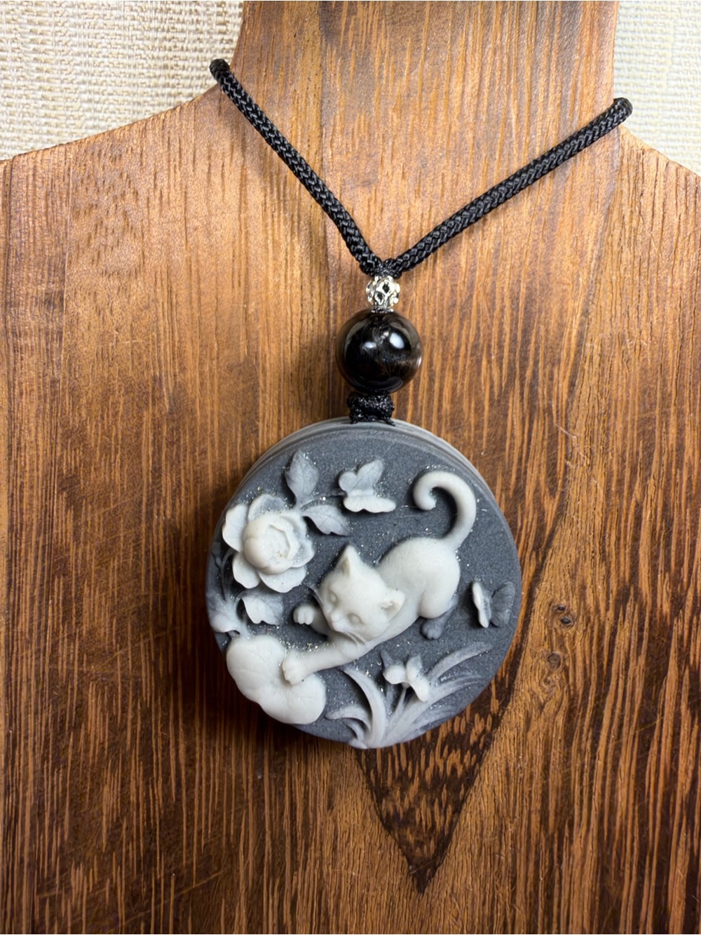 Tai Chi Stone Cat and Lotus Carving Pendant Necklace on Black Adjustable Rope